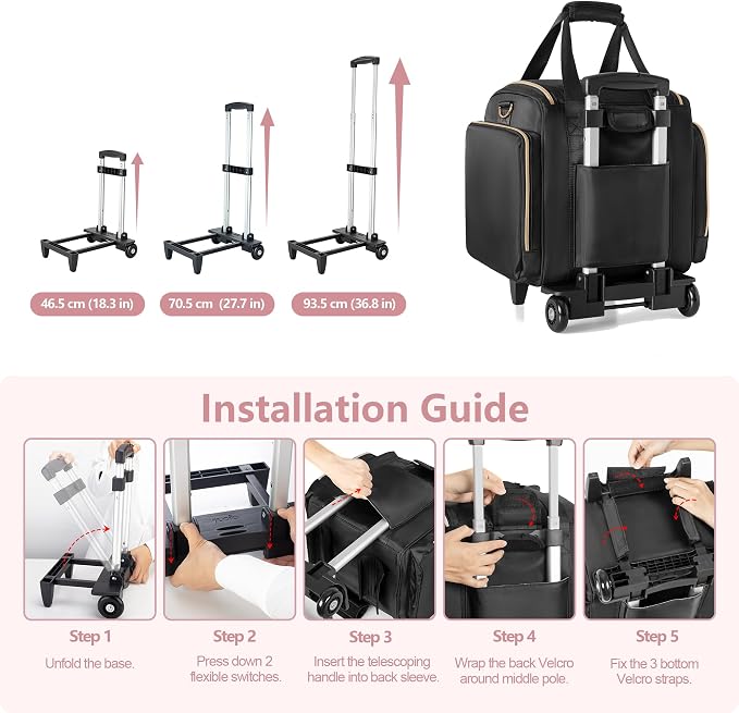 Rolling Makeup Case, Professional Makeup Train Case with Wheels | Makeup Artist Travel Bag with 4 Removable Bags, Professional Train Case with Adjustable Handle & Strap, Brush Storage Section - Image 5
