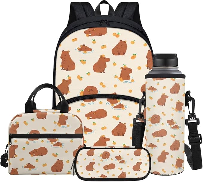 Cartoon Capybara Print Kids Backpack Boys School Bags Set with Insulated Lunch Box Cooler/Water Bottle Sleeve/Pencil Pen Case 4 in 1 for Teenage Student by Glomenade