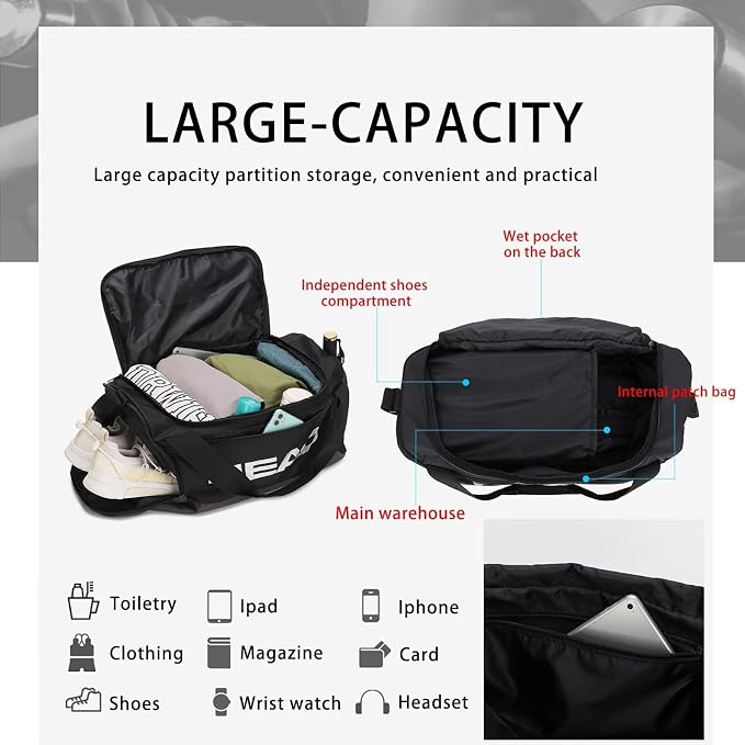 HEAD 45L Gym Duffel Bag with Separate Shoe Compartment & Wet Pocket for Men | Waterproof, Large Openning, with side pocket&inner large zipper pocekt, for Sport, Workout, Fitness, Swimming, Travel - Image 7