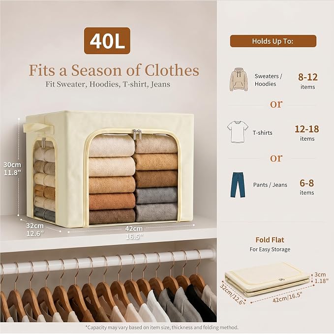 GoMaihe 3 Opening Clothes Storage Bins with Metal Frame, 40L Sweater Storage Organizer for Upper Shelf Closet Storage Boxes with Clear Window for Hoodies Jeans Towel 6-Pack Beige - Image 5