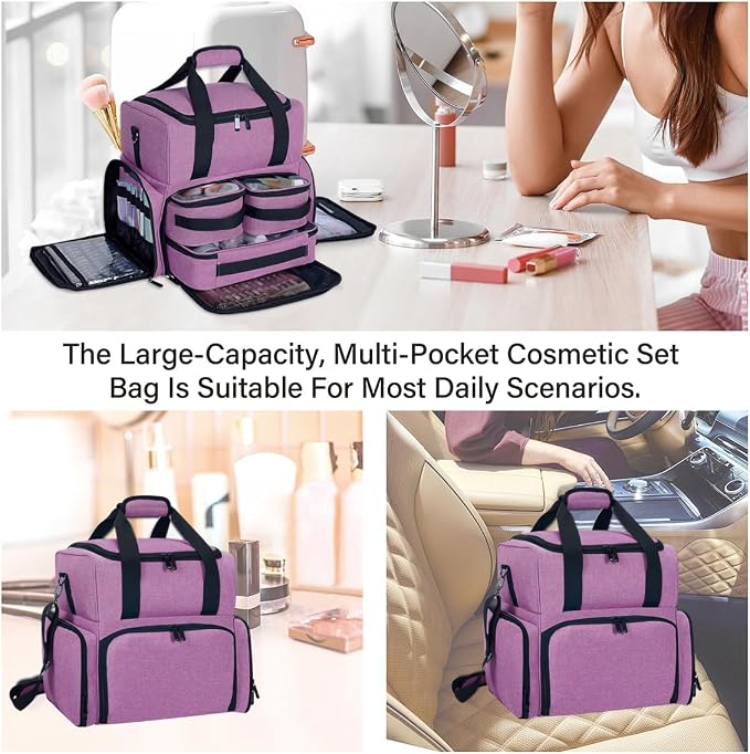 Large Makeup Bag Double Layer with 3 Removable Case,Purple | Large Makeup Bag with 3 Removable Case and 2 Removable Dividers Double Layer Travel Cosmetic Makeup Brushes Storage Section - Image 6
