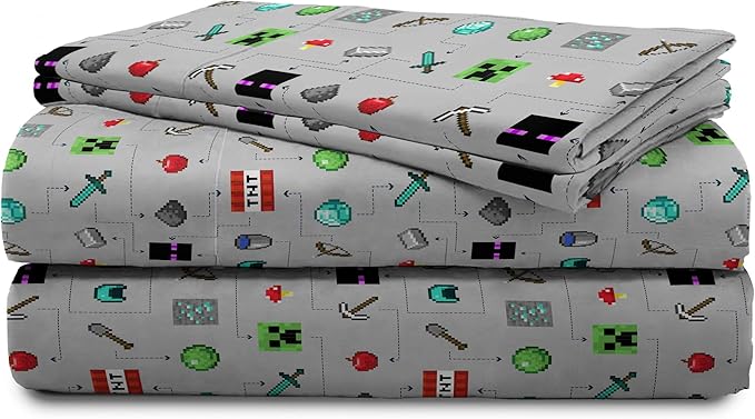 Jay Franco Kids Sheet Set with Fitted, Flat Sheets & Pillow Cover - Ultra-Soft Bedding with Pillowcase for Room Decor, Gray - Minecraft, 4 Piece Queen - Image 6