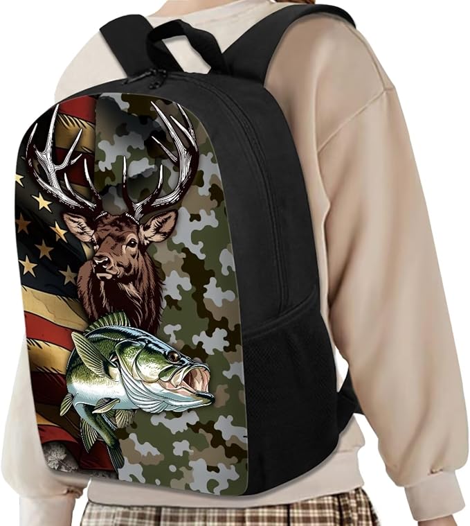 GIFTPUZZ Deer Fish American Flag Backpack 17 Inch Set Boys | Camo 4-Piece Lunchbox Combo, Water Bottle Sleeve, Elementary School Book Bags, Ages 8-10 - Image 3