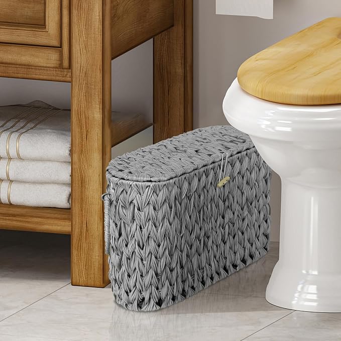 Coeusy Toilet Paper Storage Basket with Lid,Wicker Toilet Paper Holder Stand,Narrow Decorative Woven Bathroom Basket Organizer,Free Standing Grey - Image 8