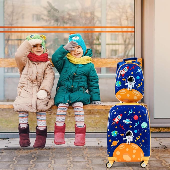 HONEY JOY Kids Luggage, 12" Toddler Backpack & 18" Travel Suitcase with Wheels, Lightweight Toddler Suitcase, Durable ABS Hardshell, 2Pcs Carry On Luggage Set for Boys Girls, Blue Astronaut - Image 5
