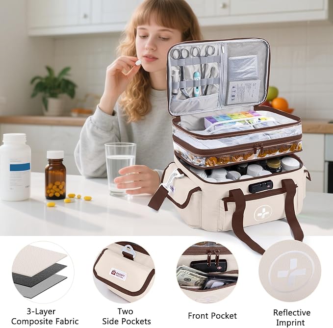 BAGSFY 3-Tier Medicine Organizer with Combination Lock – Large Medicine Bag, Empty First Aid Kit Case, Pill Bottle Medical Supply Organizer, Travel Prescription Bag, Medication Storage Container - Image 6