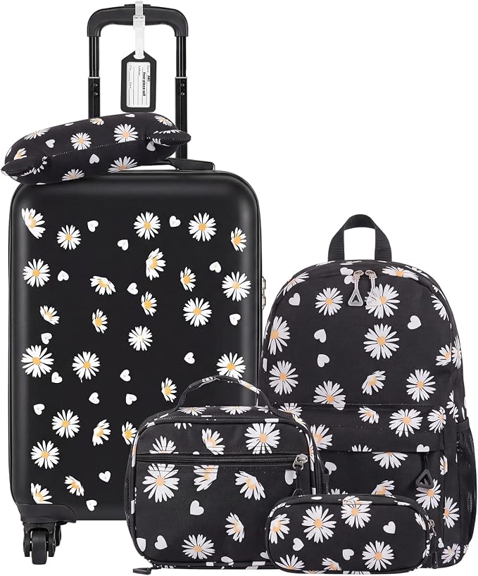 Redbaker 6 Pcs Luggage Set, 17 Inch Rolling Suitcase with Backpack, Lunch Bag and Neck Pillow, Black Daisy Travel Set for Summer Vacation, Weekend Trips and Sleepovers by Redbaker