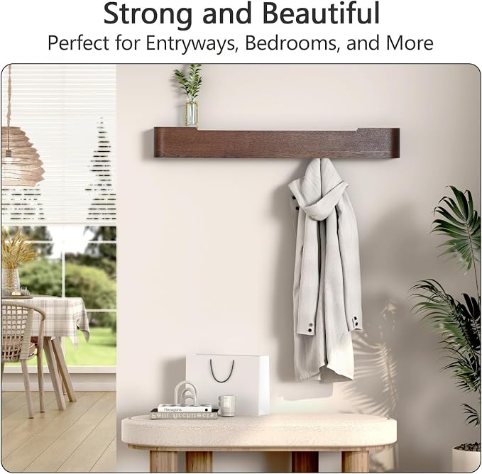 Coat Rack Wall Mount with Shelf 8 Hidden Hooks Modern Wooden Key Holder Entryway Organizer for Hallway Bedroom Bathroom Home Decor Storage for Hanging Coats Hats Bags Towels, Walnut - Image 5