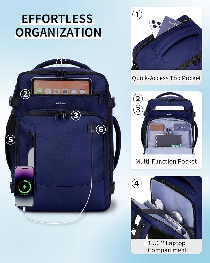 ECOHUB 19" Large Travel Backpack, Carry on Luggage Airline Approved, Water Resistant Rucksacks Fit 15.6" Laptop, AirTag Pocket, Lightweight Casual Daypack, 34L, Blue - Image 6