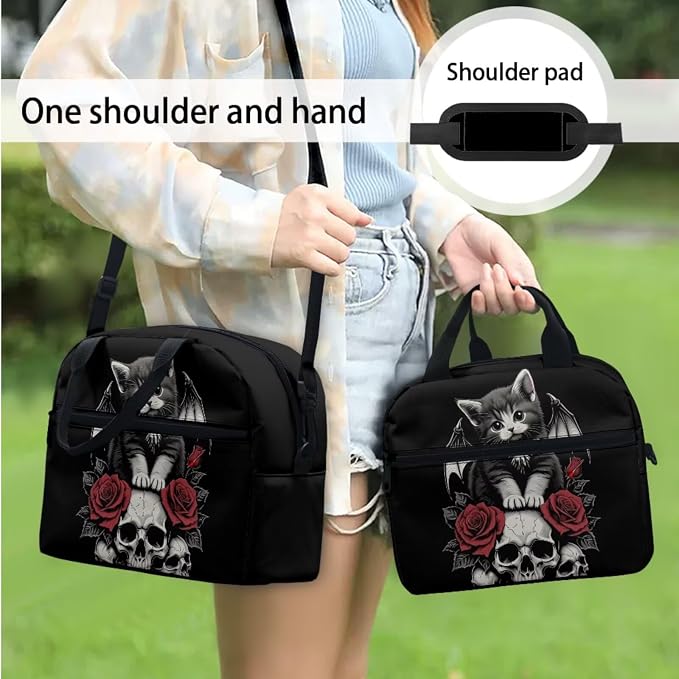 Cat Skull Rose Girls Boys Backpack Set 4 in 1 Gothic Black Kids School Backpacks Lightweight Bookbag Lunch Tote Bag Water Bottle Pen Case Stationery Pouch Bags with Zipper for Girl Boy Teen - Image 3