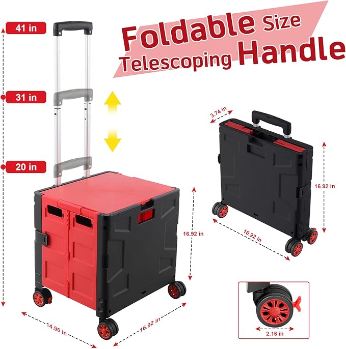 FELICON Folding Utility Cart Rolling Crate Handcart Basket Tote-Red+Black | Collapsible Hidden Lid,Plastic Box,Telescoping Handle,4 Rotate Wheels for Travel Shop Move Grocery Laundry Office Teacher Use - Image 3