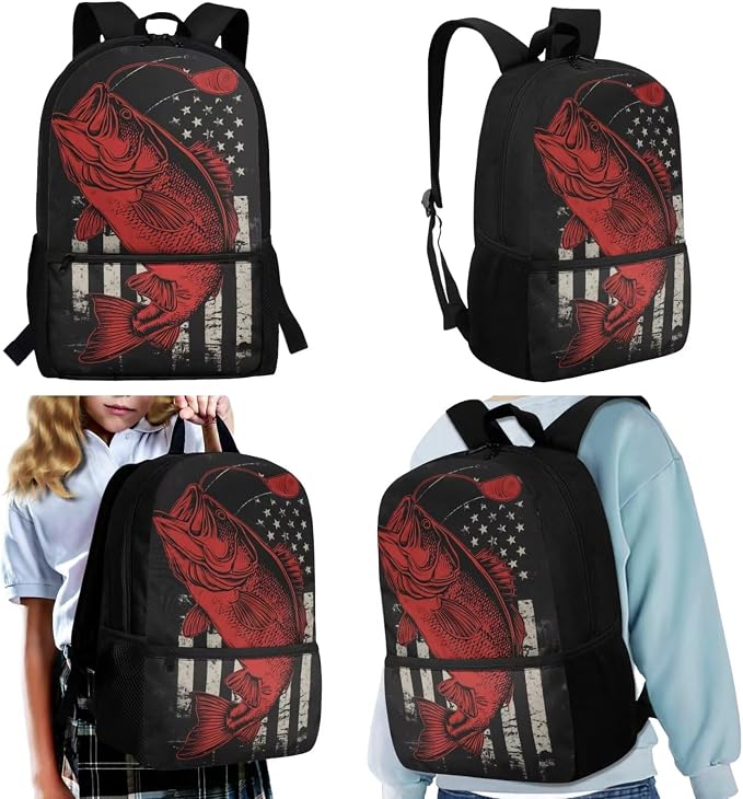 Patriotic Fishing Backpack Boys Lunch Box Set for 8-12 Elementary 4th of July School Bag and Pencil Case 4-in-1 Kids American Flag Fishing Bookbag Outdoor Rucksack - Image 2