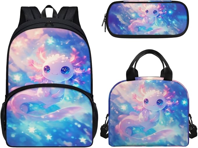 3 Pack School Bag for Boys Pink Axolotl Galaxy Backpack Bookbag with Lunch Box Pencil Case Elementary/Primary/Middle Kids Backpack Daypack Satchel Set by Wideasale