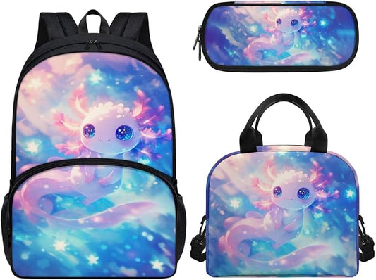 3 Pack School Bag for Boys Pink Axolotl Galaxy Backpack Bookbag with Lunch Box Pencil Case Elementary/Primary/Middle Kids Backpack Daypack Satchel Set by Wideasale