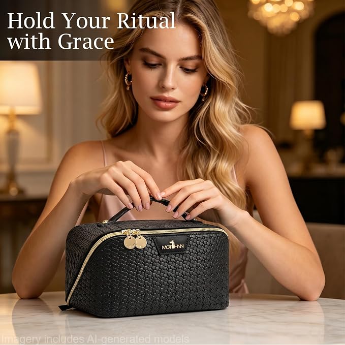 Travel Makeup Bag for Women: Designer 3 Pcs Set Cosmetic Bags for Women - Large Capacity Vagen Leather Hand-made for Toiletry Organizer - Ladies Travel Flat Open Essentials for Luxury (03Black) - Image 3