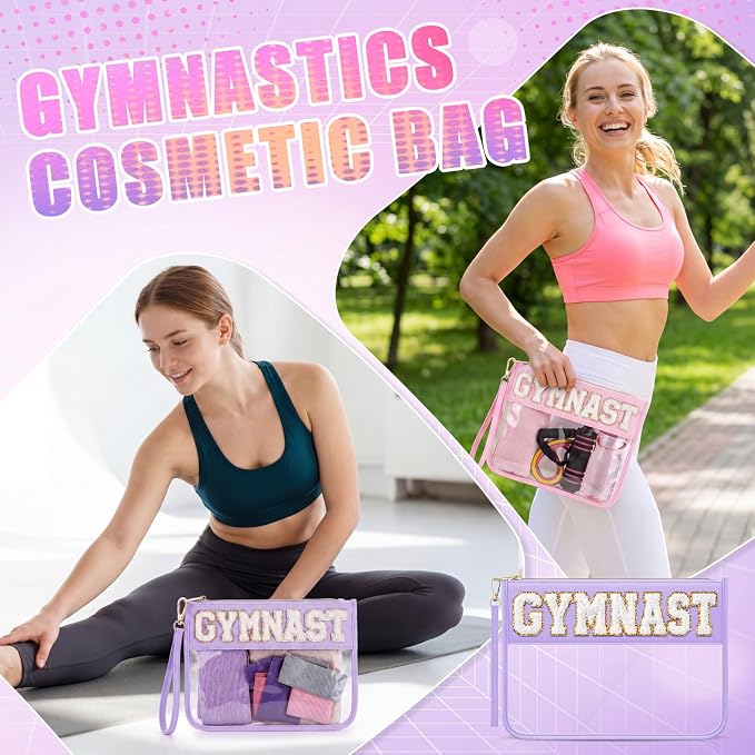 6 Pcs Gymnastics Gifts Cosmetic Makeup Bags, Pink Purple Clear PVC Zipper Pouch with Chenille Letter Patch, Waterproof Travel Toiletry Storage Bag for Team Girls Women Party Favor - Image 5