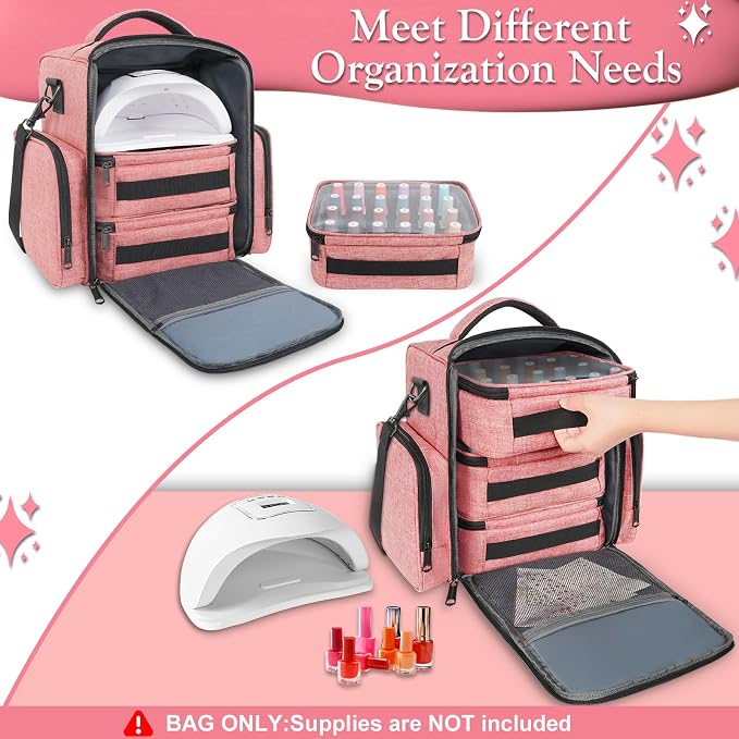 YOREPEK Nail Polish Organizer with 3 Removable Pouches for 72 Bottles, Pink | Large Nail Polish Carrying Case with 4 Zippered Pockets for Manicure Tools, Supplies, Nail Lamp, Gifts for Women - Image 5
