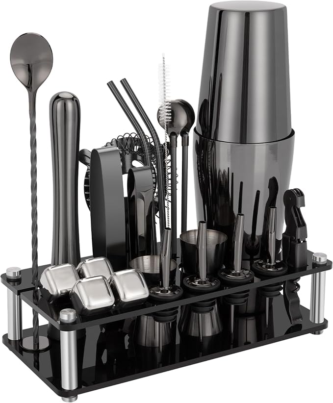 Cocktail Shaker Set, 23-Piece Boston Stainless Steel Bartender Kit with Acrylic Stand & Cocktail Recipes Booklet, Professional Bar Tools for Drink Mixing, Home, Bar, Party - Black by KINGROW