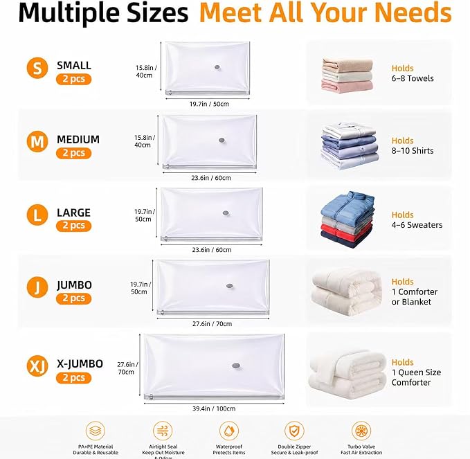2in1 Rechargeable Air Pump Vacuum Storage Bags, Inflation/Deflation Dual Use Travel Compression Bags, 10 Pack Reusable Space Saver Bags for Suitcase, Clothes and Home Wardrobe（Orange and white） - Image 8