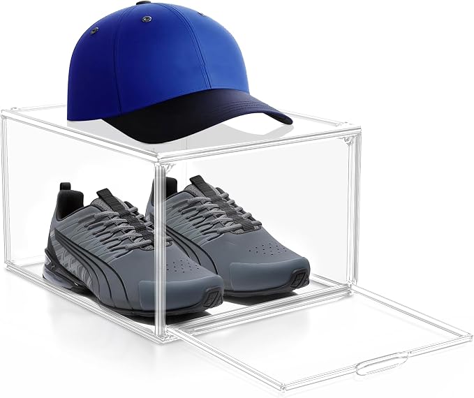1 Pack Drop Front Shoe Boxes Acrylic Box Sneaker Case Size 12, Transparent Display Cases for Sneaker Collections, Baseball Caps, Hat Organizer Dust-free Shoe Cubbies Stackable Sneaker Boxes by EZJOB