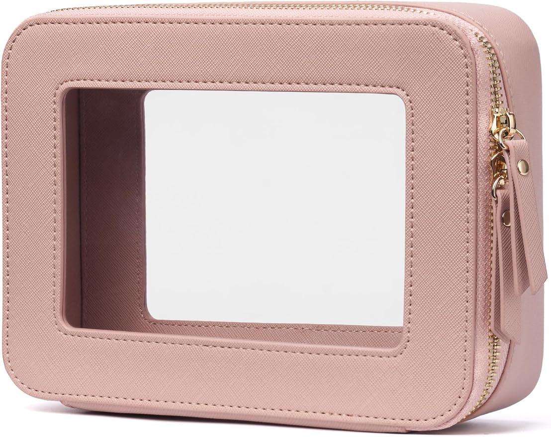 Popvibe Clear Makeup Case Pink Toiletry Bag Travel Medium Clear Cosmetic Bag with Zipper, Small Make Up Bag Organizer Traveling TSA Approved Transparent Bag Car for Essentials by POPVIBE