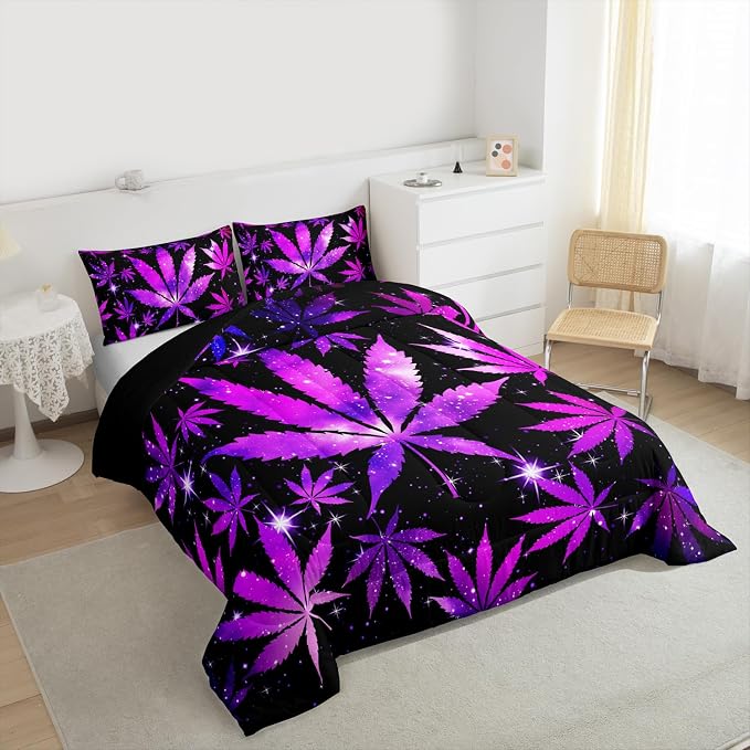 Erosebridal Purple Galaxy Comforter Set King,Botanical Leaf Bedding Set Leaves Down Comforter for Kids Boys Girls Women Adults Hemp Quilt Duvet Room Decor 2Pcs Black - Image 6