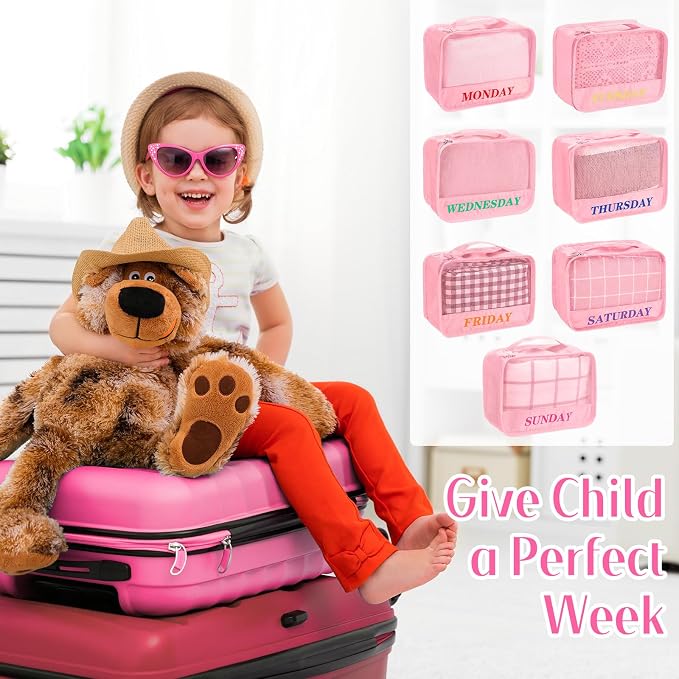 Days of Week Packing Cubes Summer Camp Essentials Weekly Organizer Storage Bag School Clothes for Travel Kids Family(9x7x3inch,Pink,15) - Image 2