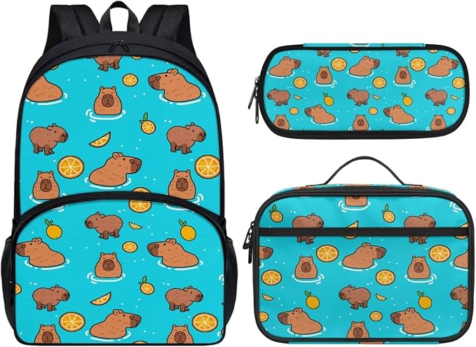 Capybara Backpack for School with Lunchbox and Pencil Case Kawaiian Backpacks for Girls Boys 17 Inch Kid's Schoolbag for Elementary Middle High School, 3 Piece by Dremagia