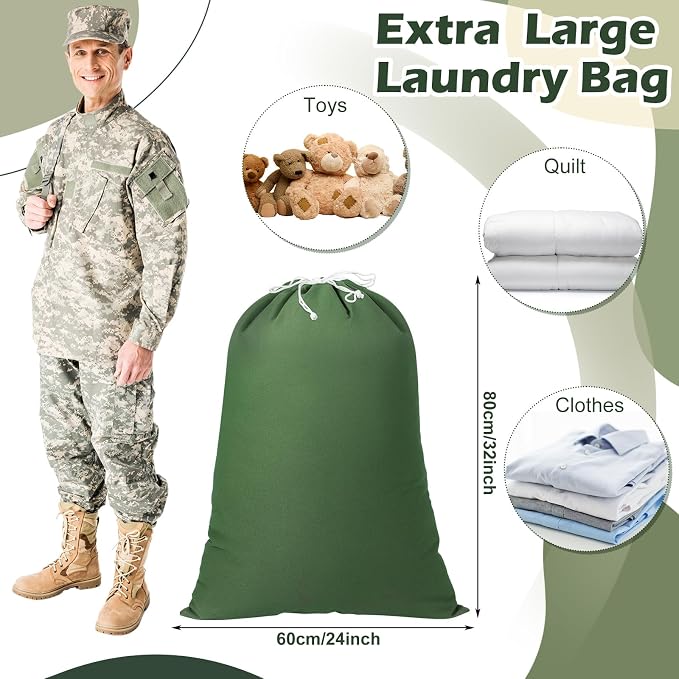 4 Pcs Army Laundry Bags 24'' x 32'' Extra Large Heavy Duty Military Barracks Drawstring Canvas Cotton Laundry Bags for Home Travel Camp Clothes Organizer Storage - Image 2
