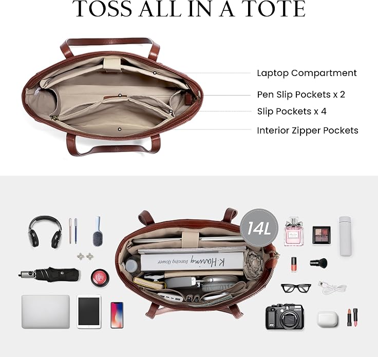 befen Vintage Genuine Leather Work Tote Bag for Women Large Tote Bag with Zipper Leather Purse and Handbags with Compartment - Image 3