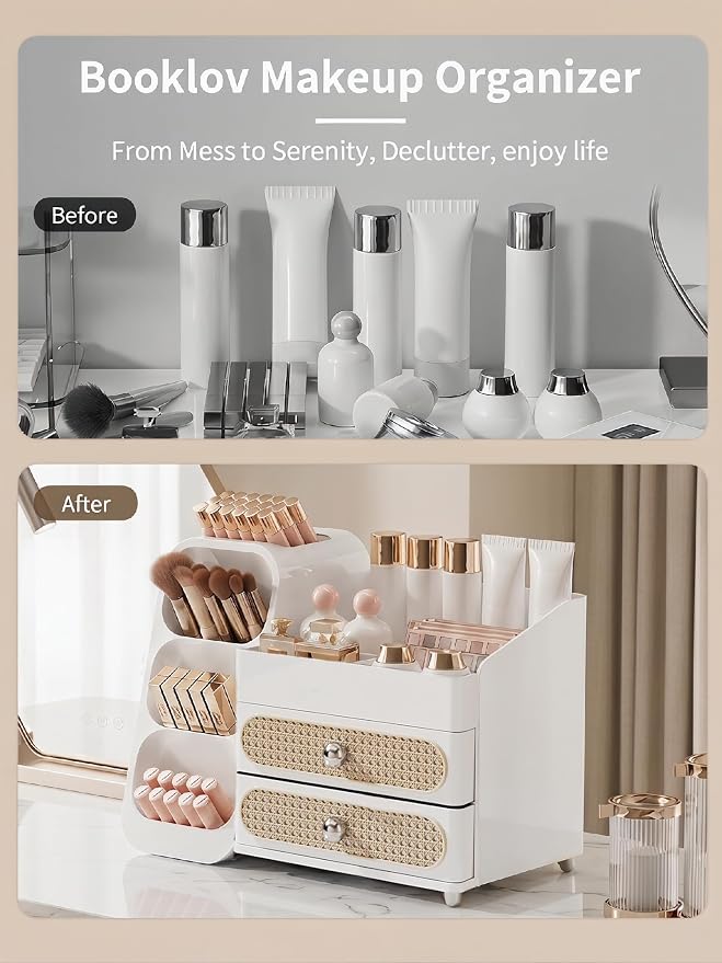Booklov Large Makeup Organizer for Vanity and Bathroom Countertop, White | Plastic Cosmetic Display Case with Drawers, Beauty Brush Holder for Dresser Counter Skin Care Eyeshadow Lipstick Storage - Image 7