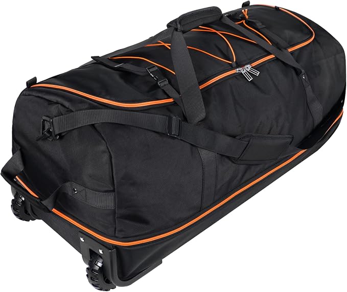 Bagenerous 110L/140L Expandable Soft-Sided Foldable Duffle Bag with 2 Rubber Wheels,Packable 32” Rolling Carry-On with Multi-Pockets & Compartments,Black Orange by Bagenerous