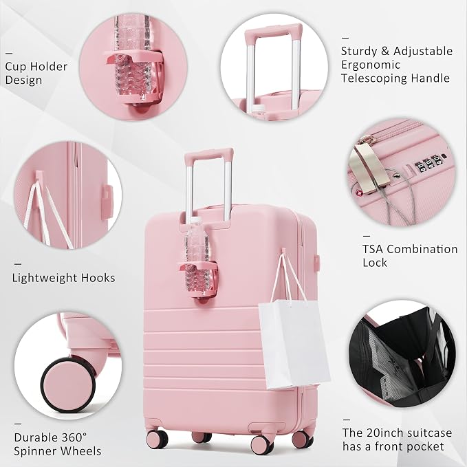 20 Inch Checked Suitcase with TSA Lock Travel Duffel Bag Wet-Dry Toiletry Bag, Pink Front-Opening - Image 2