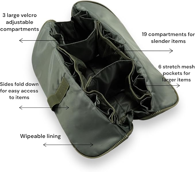 THE VERTI-Vertical Waterproof Makeup & Toiletry Bag | 23-Pocket Organizer with Upright, Fold-Down Design for Skincare, Toiletries & Essentials (Olive, Medium) - Image 4
