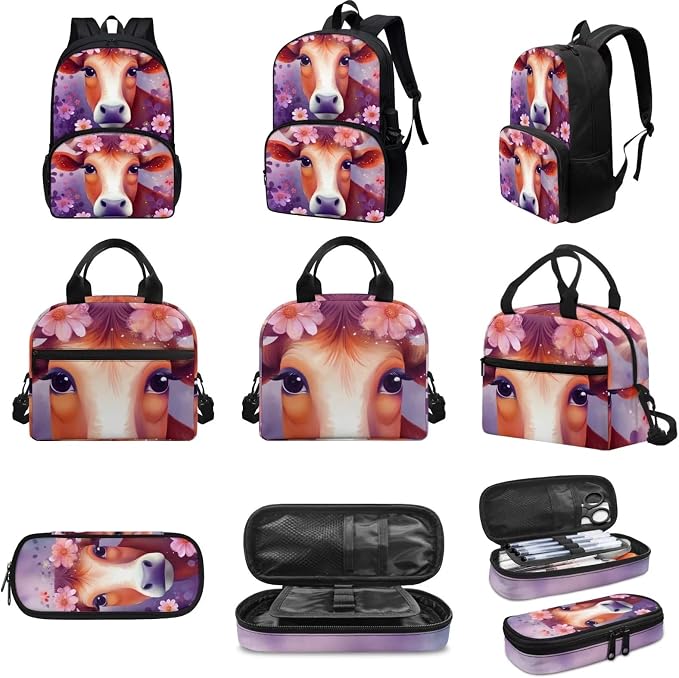 Purple Floral Cow Backpack with Lunch Box and Pencil Case Girls Comfy Padded Cute School Backpack Set of 3 Bookbag for Student Lightweight Large Capacity Daypack - Image 3