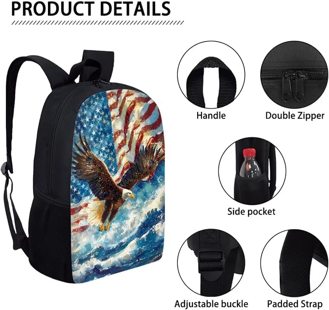 Bald Eagle American Flag Casual Daypack Set for Teen Girls, Backpack Set with Reusable Lunch Box and Pencil Case, Portable School Bag Set Suitable for Boys and Girls - Image 3