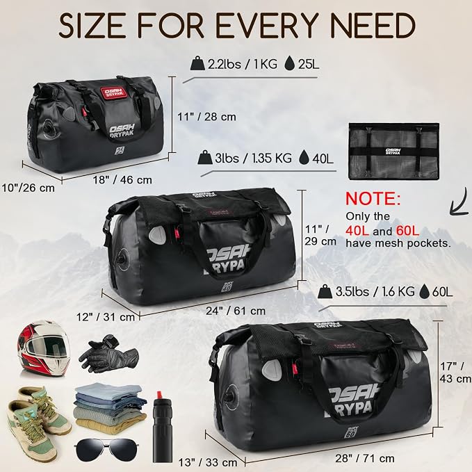 OSAH DRYPAK Waterproof Duffel Bag - Motorcycle Dry Bag Tail Bag with Large Storage Space, Waterproof Luggage Duffle Bags with Outer Mesh Zipper Pocket for Camping, Kayaking, Fishing & Traveling - Image 2