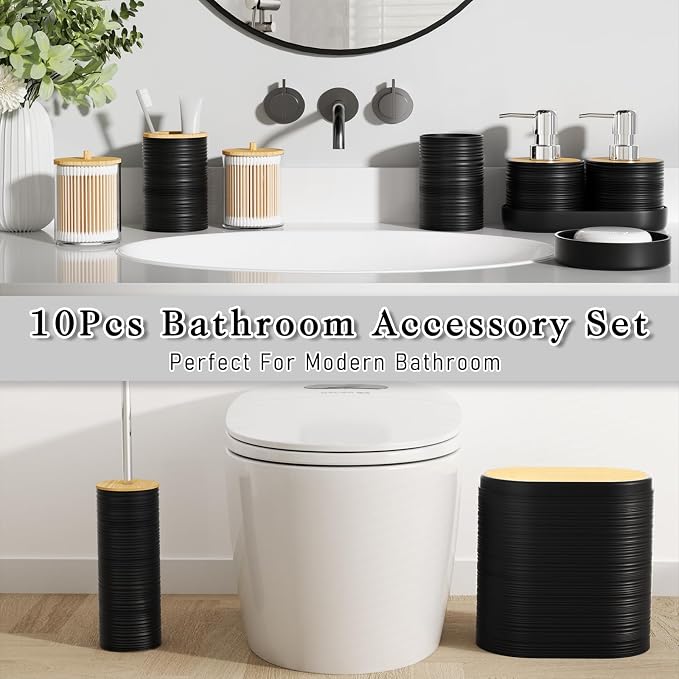 XLHOMO Black Bathroom Set - 10PC Bathroom Accessories Set, Luxury Bathroom Accessory Set with Trash Can,Toilet Brush & 2 PC Soap Dispensers for Apartment Decor and Housewarming - Image 5