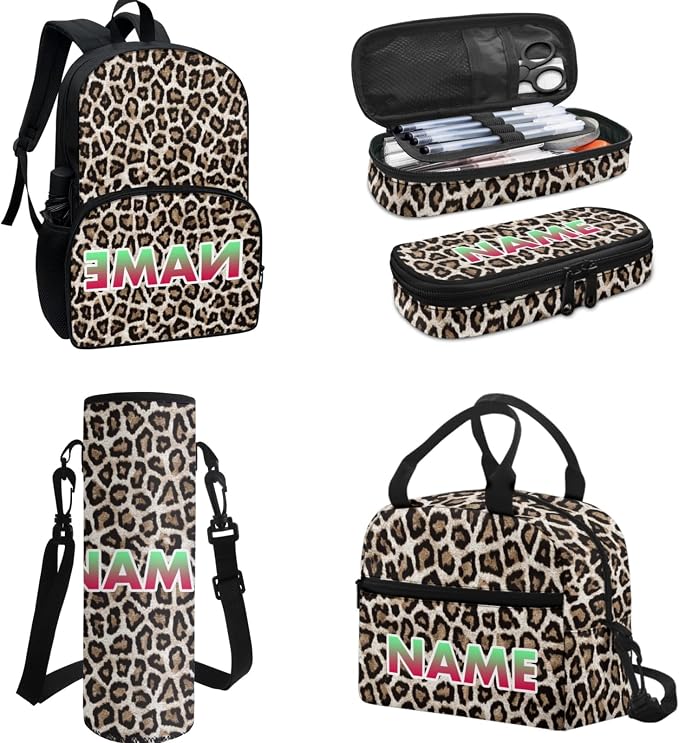 Cheetah Teenagers Backpack & Lunch Bag 4Set, Leopard Spots Daypack with Kids Pencil Water Bottle Carrier Bag, Brown Student Bookbags Pen Case - Image 2