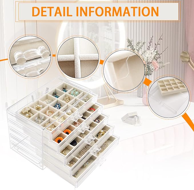 Watpot Acrylic Jewelry Box 5 Drawers Clear Earring Storage Organizer Display Case - Image 2
