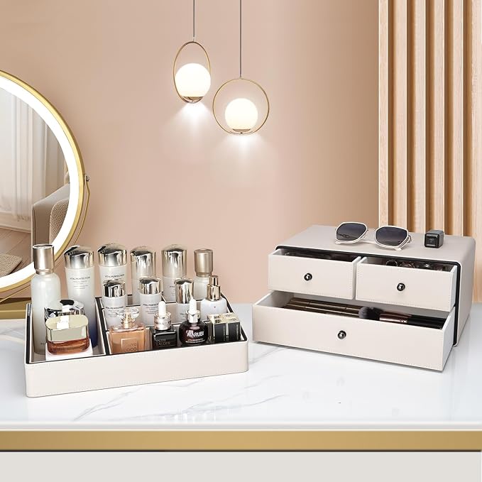 KINGFOM Leather Makeup Organizer with 3 Drawers, 2 Tier Cosmetic Storage Organizer for vanity Dresser Countertop and Bathroom Vanity, Beauty Holder for Lipstick Brush Skincare (Beige) - Image 4