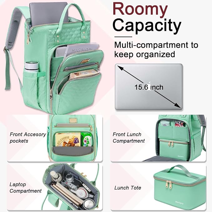 Weitars Lunch Backpack For Women,15.6 Inch Laptop Backpacks For Womens Back pack, Travel Backpacks,Work Backpack For Women (LightGreen) - Image 2