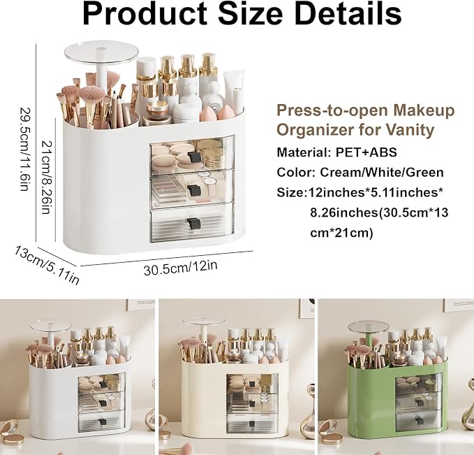DASITON Makeup Organizer with 3 Drawers,Automatic Lifting Makeup Brush Holder with Lid,Large Capacity Makeup Organizers for Vanity,Bathroom Countertop,Ideal Storage Skin Care,Brushes,Lipstick (White) - Image 6