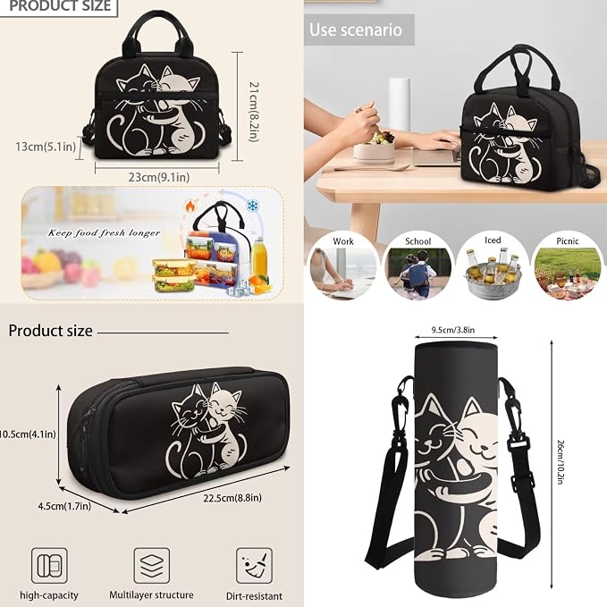 Cartoon Cat Black Backpacks for Boys Girls School Bookbag Kids Daypack Insulated Lunch Tote Bag Pencil Pen Case Water Bottle Cup Cover for Travel Office Hiking Work Camping, 4 Piece - Image 6