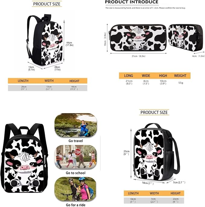 Mumeson Cute Cow 3PCS 17 Inch Student Backpack with Lunch Box,Lightweight Travel School Backpack,Back to School Boys Girls Book Bags - Image 5