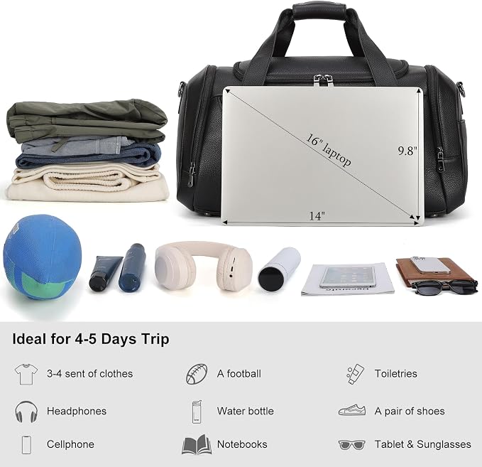 TIDING 21" Leather Travel Duffle Bag for Men Women, 40L Gym Sports Duffel Bag Waterproof Weekender Overnight Luggage Bag with Shoe Compartment - Image 8