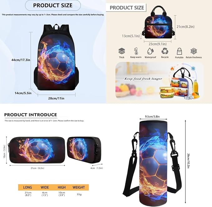 4 in 1 School Bags Kids Backpack Set with Insulated Lunch Box Bag Pencil Pouch Water Bottle Bag Preschool Primary Middle School School Supplies Kit for Sports Hiking, Football Flame Print - Image 7