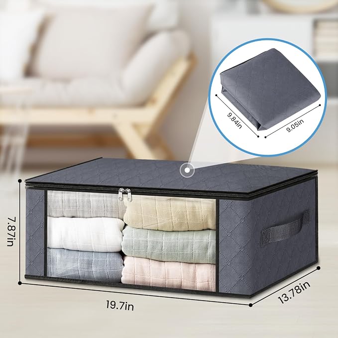 HomeHacks Storage 3-Pack Clothes Organizer Storage Bags Foldable Storage Box with Large Clear Window Sturdy Handles for Closet, Dorm, Pillows, Bedding, Clothes, Blankets, 35L, Gray - Image 2