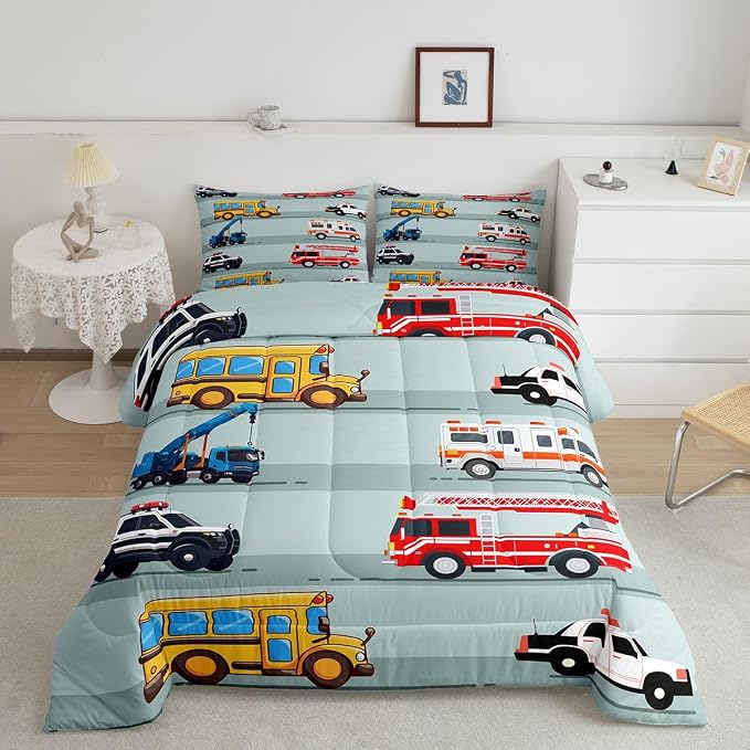 Erosebridal Fire Truck Comforter Set,Police Car Down Comforter King Size,School Bus Bedding Set for Kids Boys Teens Youth,Equipped Truck Cartoon Vehicle Quilt Duvet Insert Bedroom Dorm Decor 3 Pcs - Image 2
