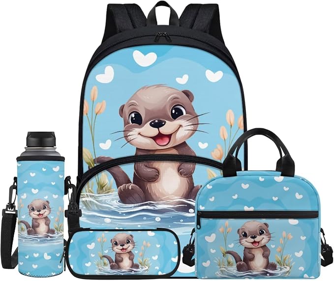 Children Schoolbag Set 4Piece Set Cartoon Otter Backpack with Lunchbox Insulated Lunchbag+Pencil Case+Water Bottle Carrier Bag for Boys Girls Kindergarten Bookbag Full Set by FUIBENG